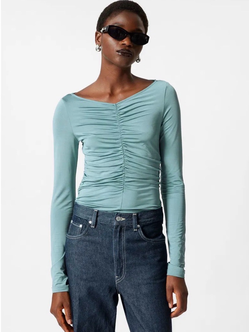 & Other Storied Ruched Long-Sleeve Scoop Neck Top in Sage Green SZ M